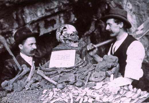 William and Arthur Gough either side of Chadder Man remains 1904